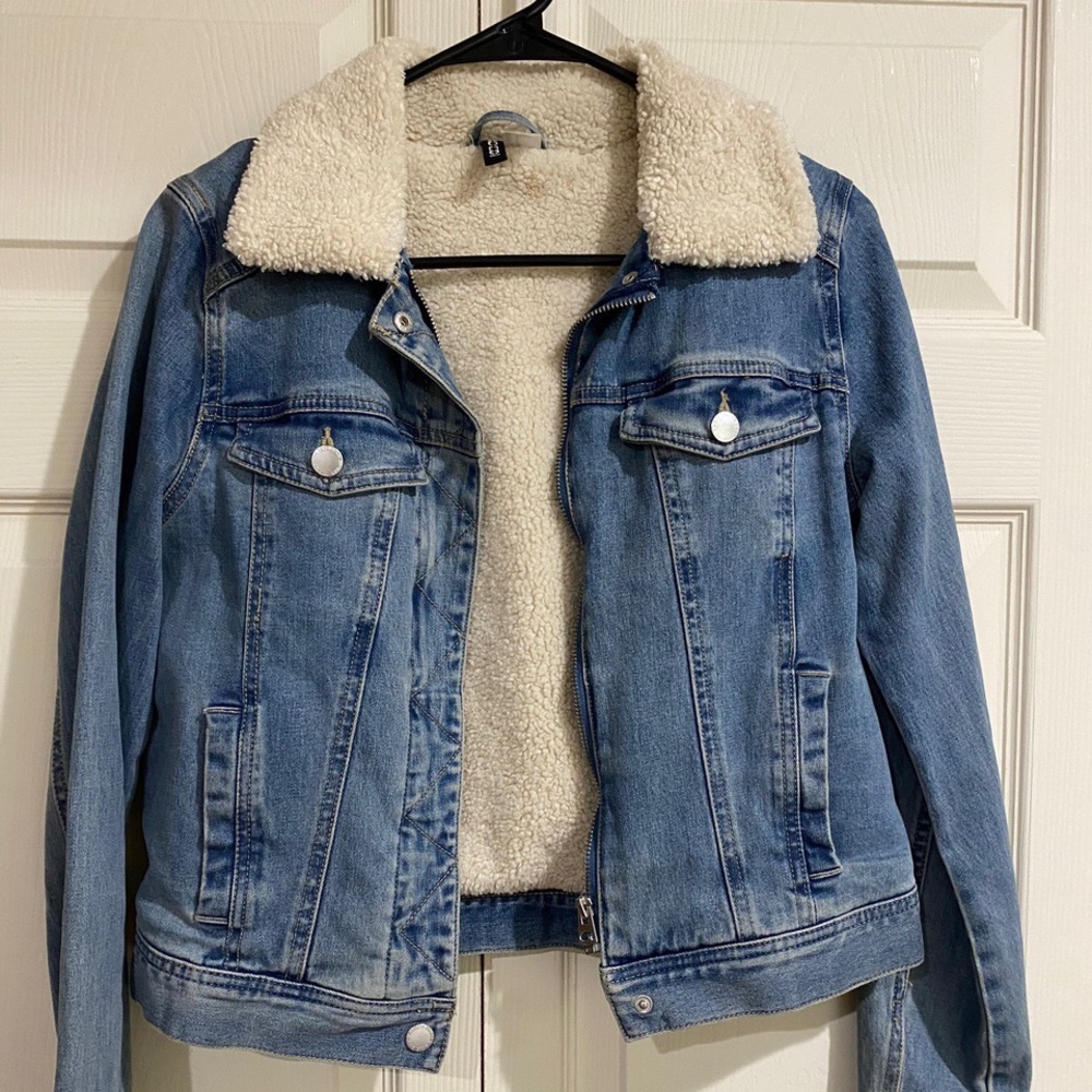 Denim shearling zip up jacket